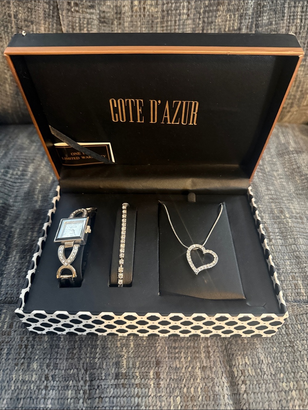 Cote D'Azur 3-Piece Gift Set: Watch, Tennis Bracelet & Heart Necklace NIB